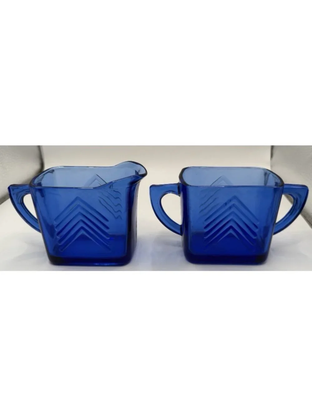 Vintage Chevron Cobalt  Blue Creamer Sugar Pitcher Set
